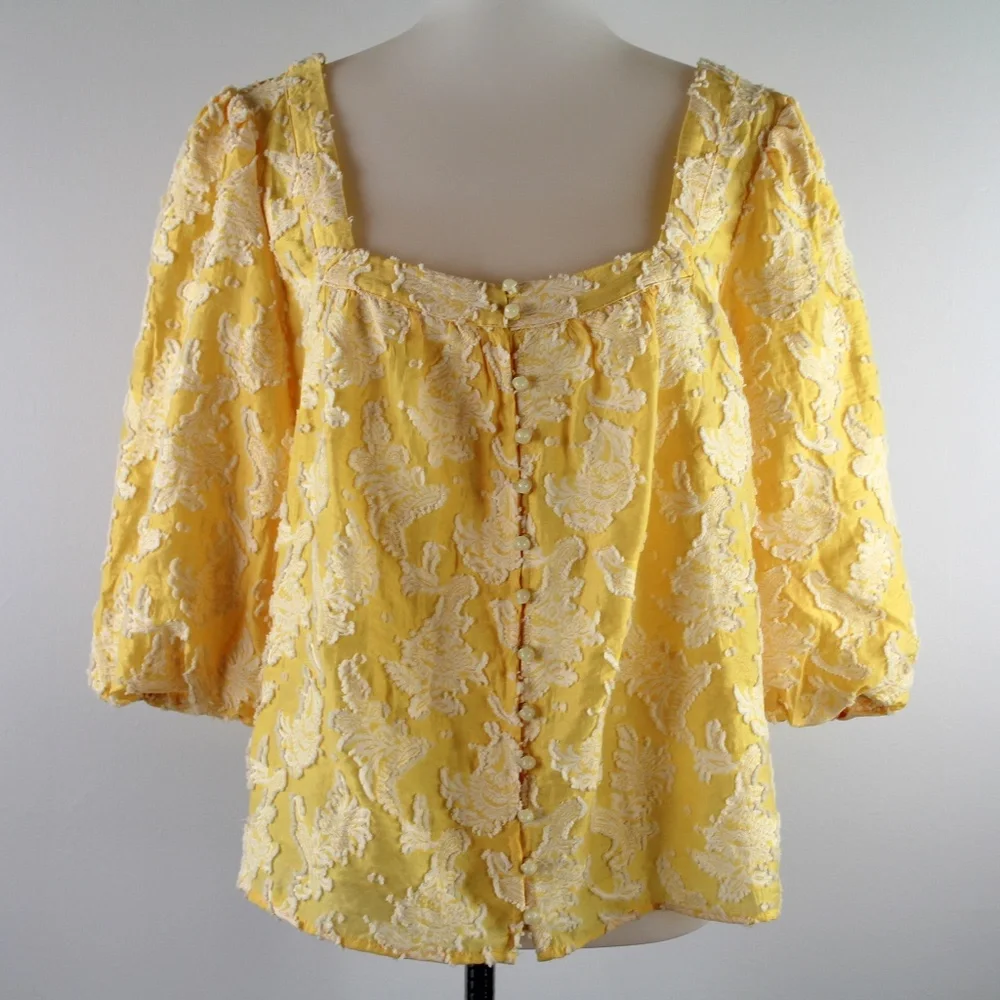 Anthropologie Yvonne Yellow Square Neck Dimensional Textured Button Front Top S